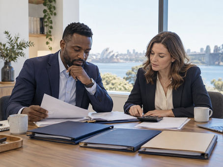 An investor and a financial professional reviewing several separate unmarked asset folders with a calculator in a calm office in Australia