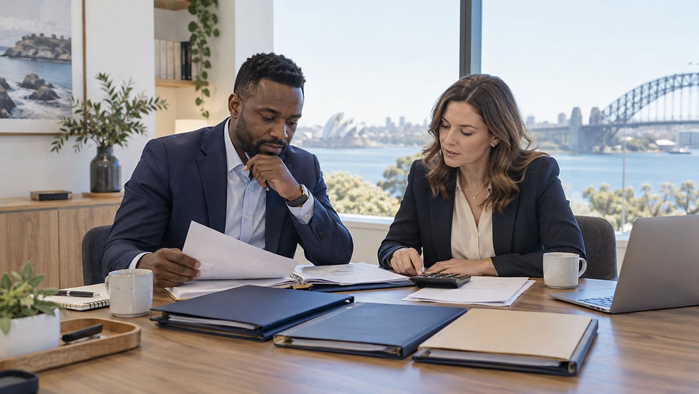 An investor and a financial professional reviewing several separate unmarked asset folders with a calculator in a calm office in Australia