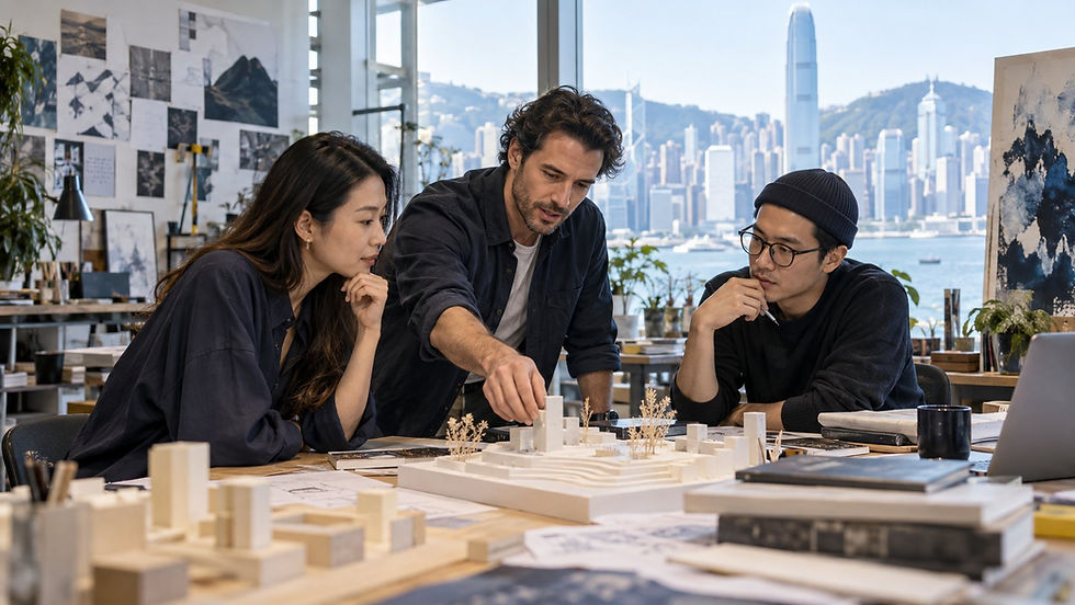 An international creative director reviewing physical design models with two colleagues in a working art studio in Hong Kong