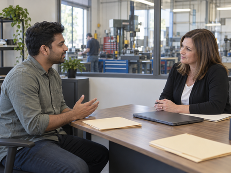 Job candidate speaks with a hiring manager in an office overlooking a small manufacturing workshop.
