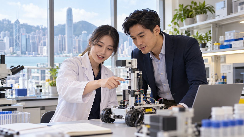 A researcher and an industry colleague examining a practical scientific prototype in a bright university laboratory in Hong Kong