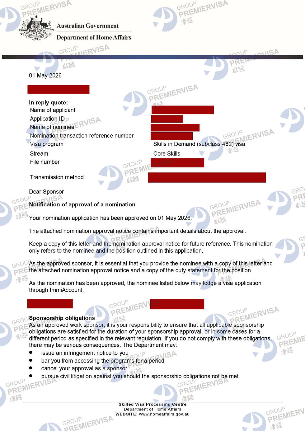 PremierVisa Group | Subclass 482 Employer Nomination Approval | 1 May 2026 | PV-AU-0014