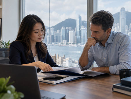 An adult reviewing personal document folders privately with a professional adviser in a calm office