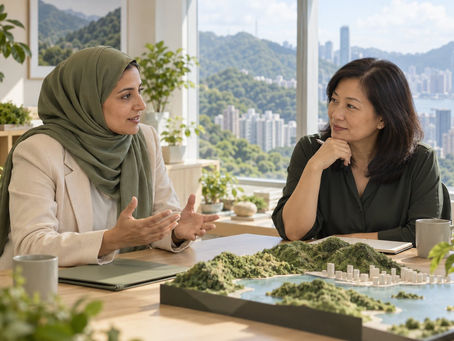 An overseas environmental researcher and Hong Kong programme coordinator discussing a landscape model in a seminar room.