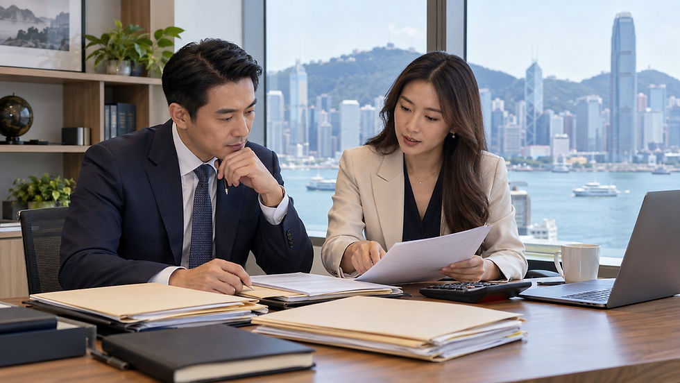 An investor and a financial professional reviewing several separate unmarked asset folders with a calculator in a calm office in Hong Kong