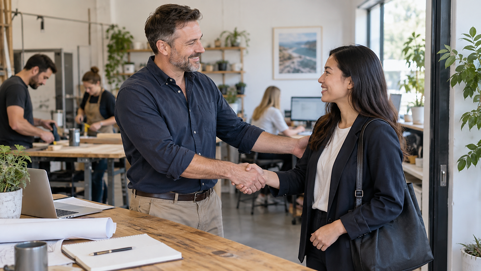 A small business owner welcoming an overseas specialist to an active workplace with local colleagues working in the background in Australia
