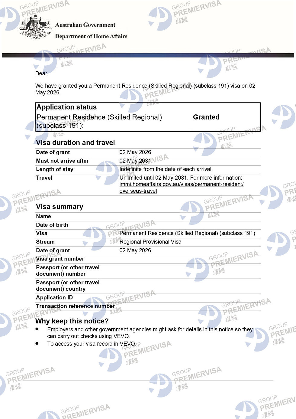 PremierVisa Group | Subclass 191 Permanent Residence Visa Granted | 2 May 2026 | PV-AU-0047