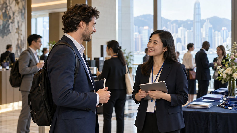 An overseas professional speaking with an event host in the lobby of a modest international conference with no readable signs in Hong Kong