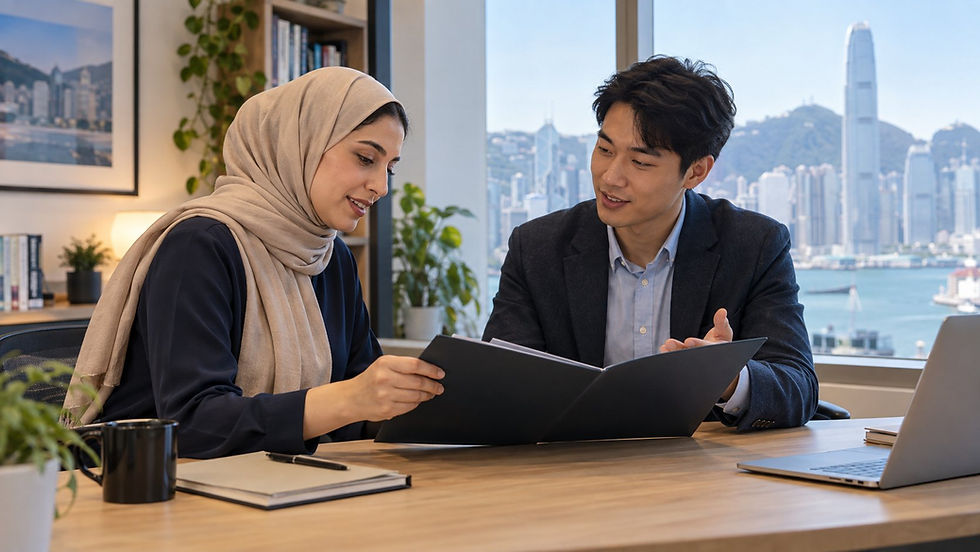An international graduate discussing an unmarked qualification folder with a university careers adviser in a quiet campus office in Hong Kong