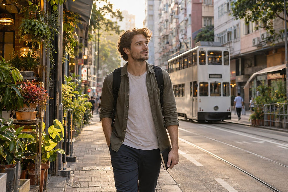 A young traveller exploring a quiet Hong Kong street with a tram in the background