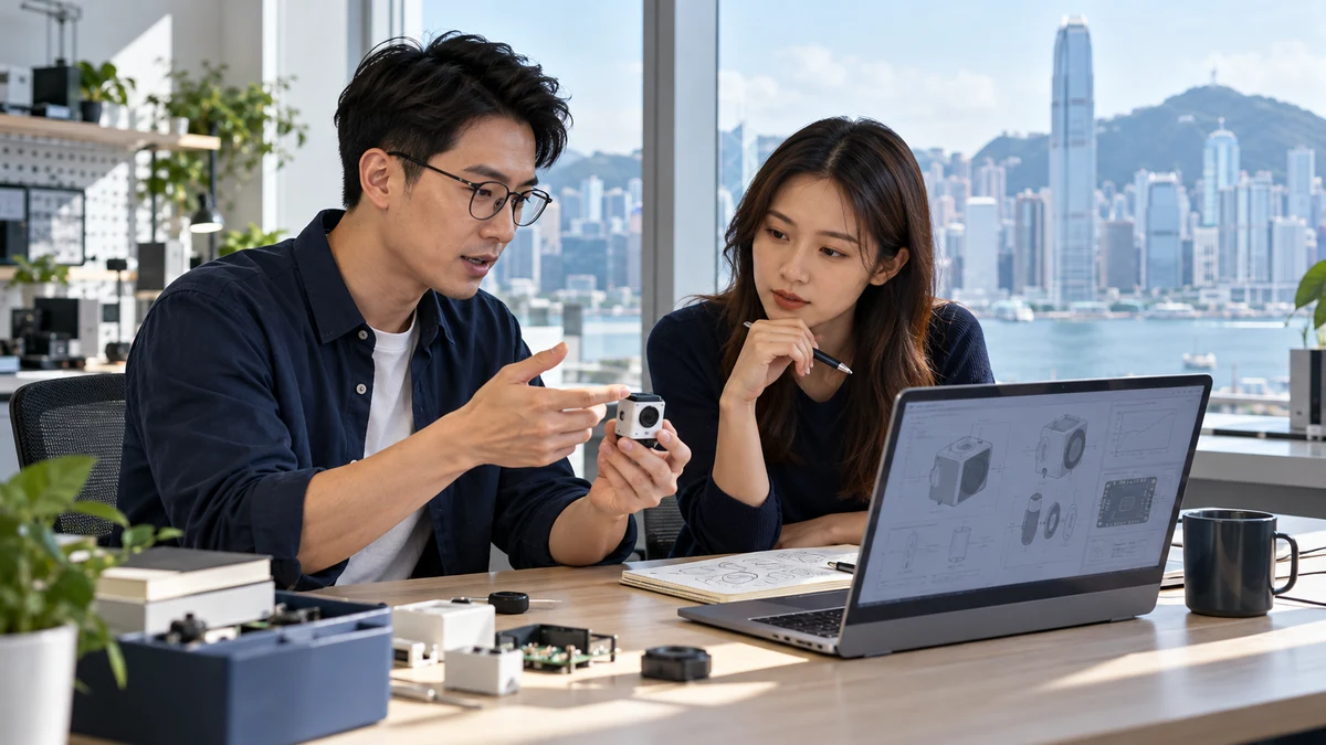 兩名成年工程人員在採光明亮的城市景辦公室討論小型裝置,旁有顯示圖形的筆電;AI情境示意。