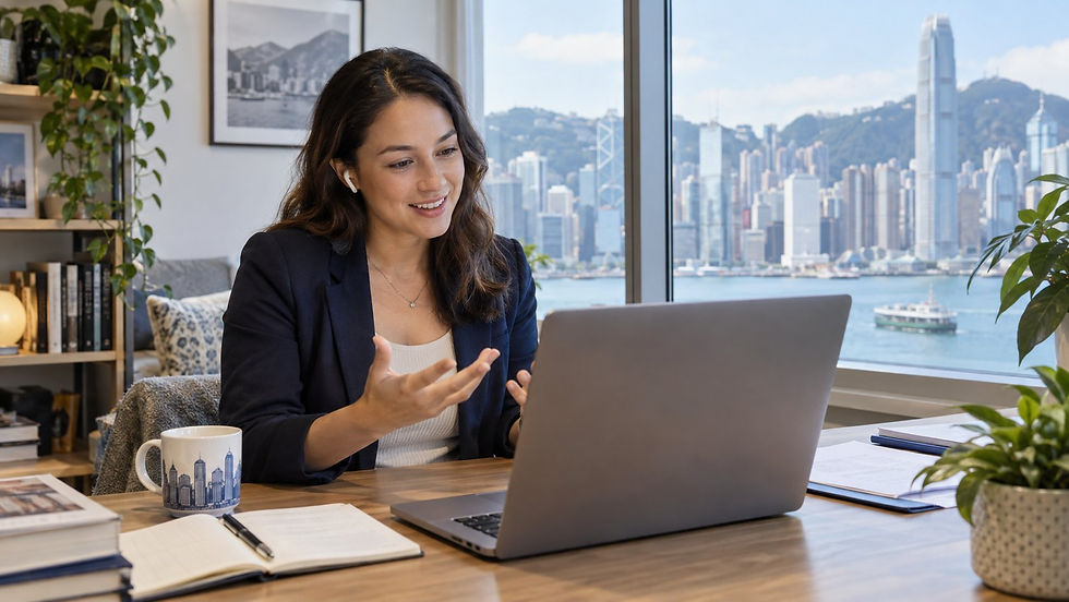 An international professional having a video consultation at a home desk with the laptop display turned away from the camera in Hong Kong