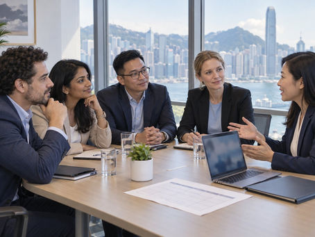 Overseas professionals discussing a corporate training programme with a Hong Kong coordinator in a meeting room.