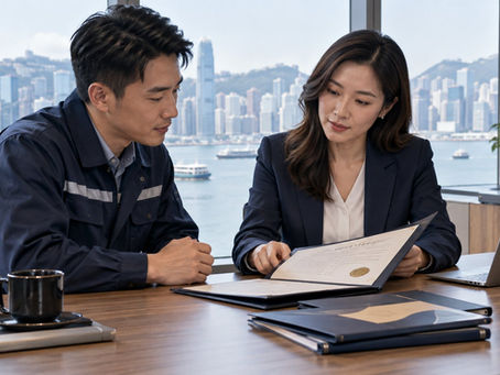 Technician and adviser reviewing overseas education records in a Hong Kong office
