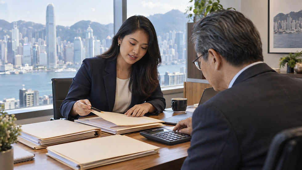 An investor and a financial professional reviewing several separate unmarked asset folders with a calculator in a calm office in Hong Kong