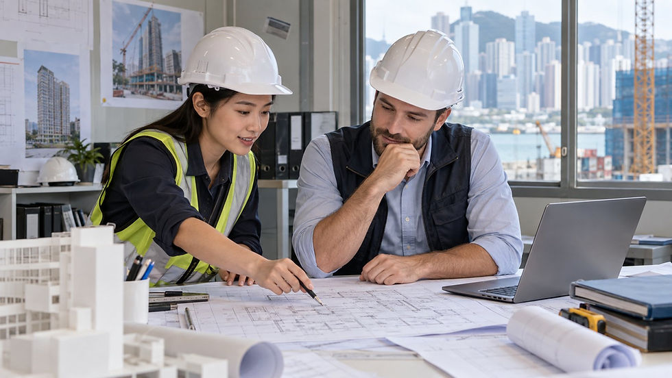 A construction coordinator and a visiting specialist discussing unmarked architectural drawings in a site office while both wear appropriate protective helmets in Hong Kong