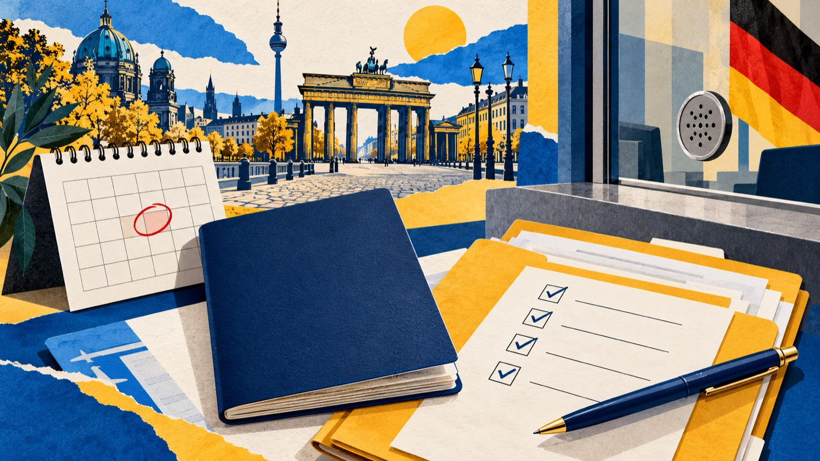 Editorial illustration for a Germany Opportunity Card application guide, showing a passport, document checklist, appointment calendar and consular service window.