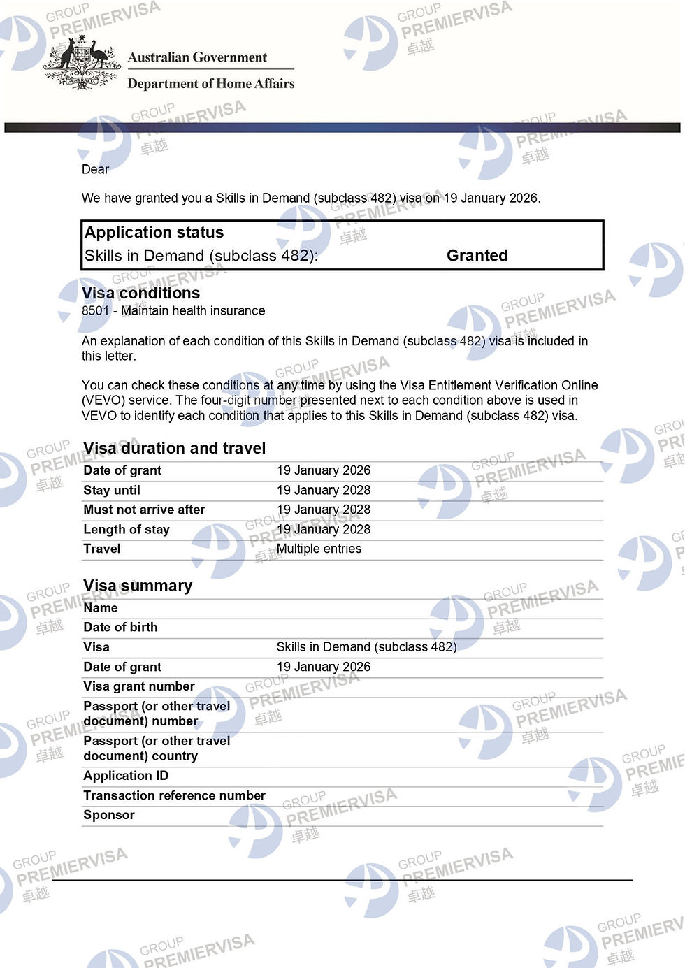 PremierVisa Group | Subclass 482 Employer Sponsored Visa Granted | 19 January 2026 | PV-AU-0130