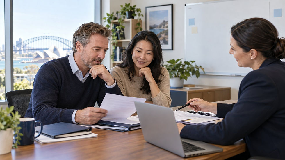 An experienced international professional comparing original career records with an adviser in a modest office with a plain unmarked planning board in Australia