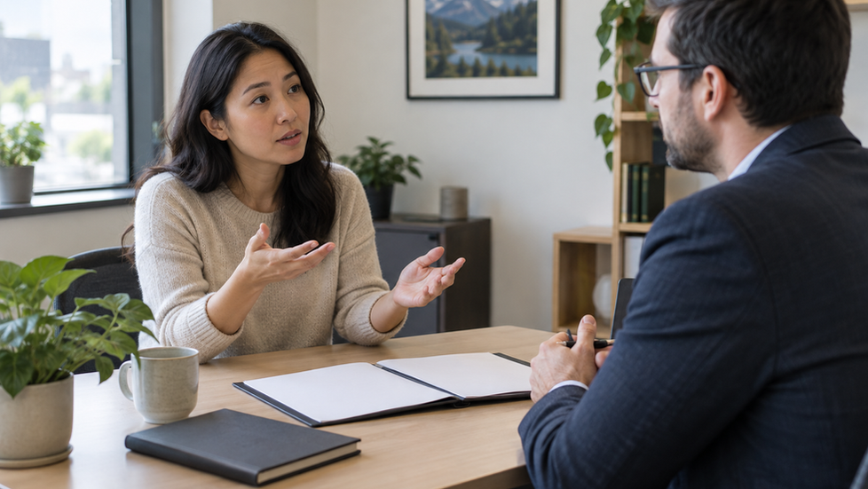 Client discussing a plain service agreement folder with a professional at an office desk.