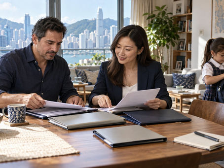 An international family arranging separate unmarked document folders at a sunny home dining table while a school age child packs a school bag nearby in Hong Kong