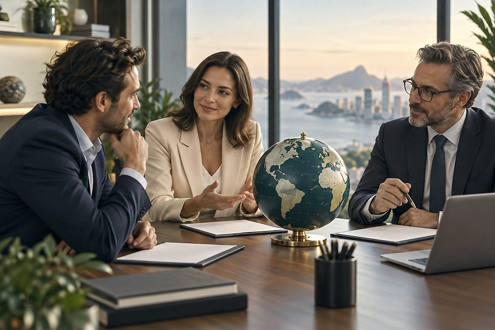 Three professionals discussing international planning beside a globe and document folders.