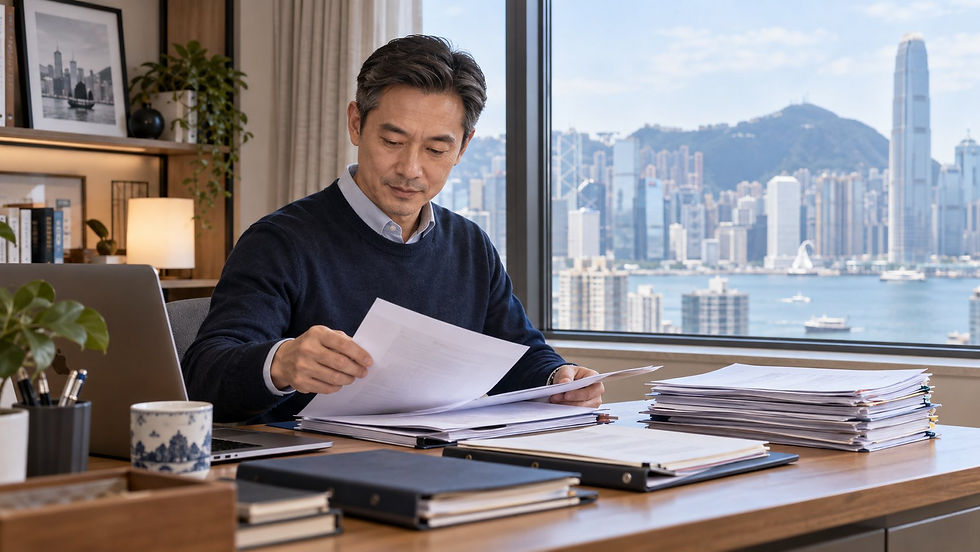A mature professional organising several years of employment records at a quiet home desk near a city window in Hong Kong
