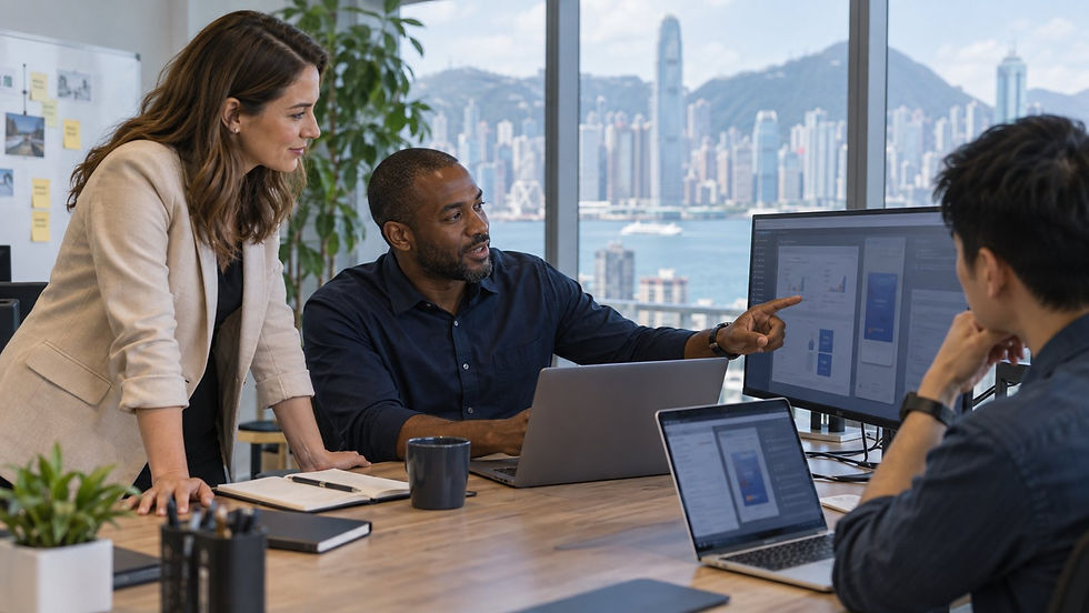 A software professional and two coworkers discussing a product demonstration in a practical technology workspace with unreadable screens in Hong Kong
