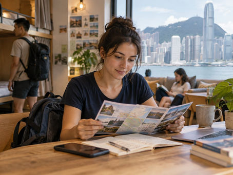 A young adult traveller reading a Hong Kong travel itinerary at a hostel common area