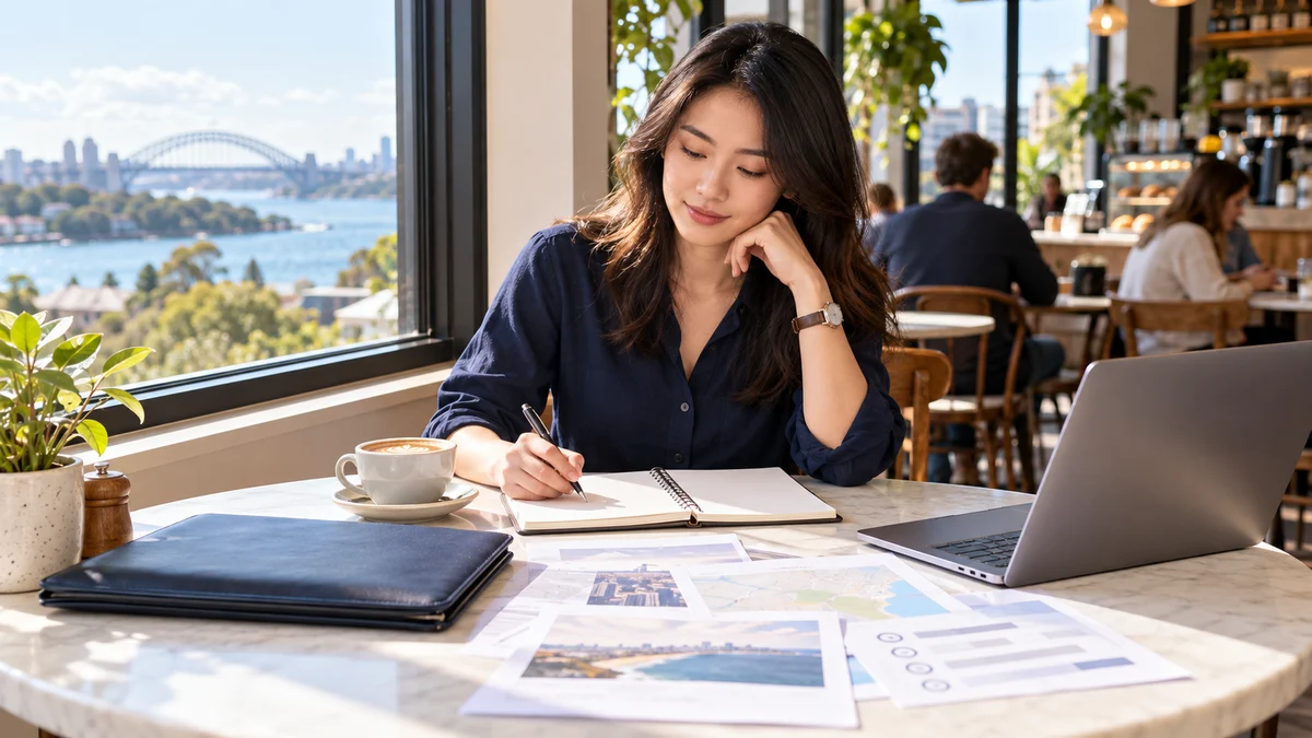 A job seeker in navy clothing plans next steps with a notebook at a naturally lit cafe table; AI illustration.