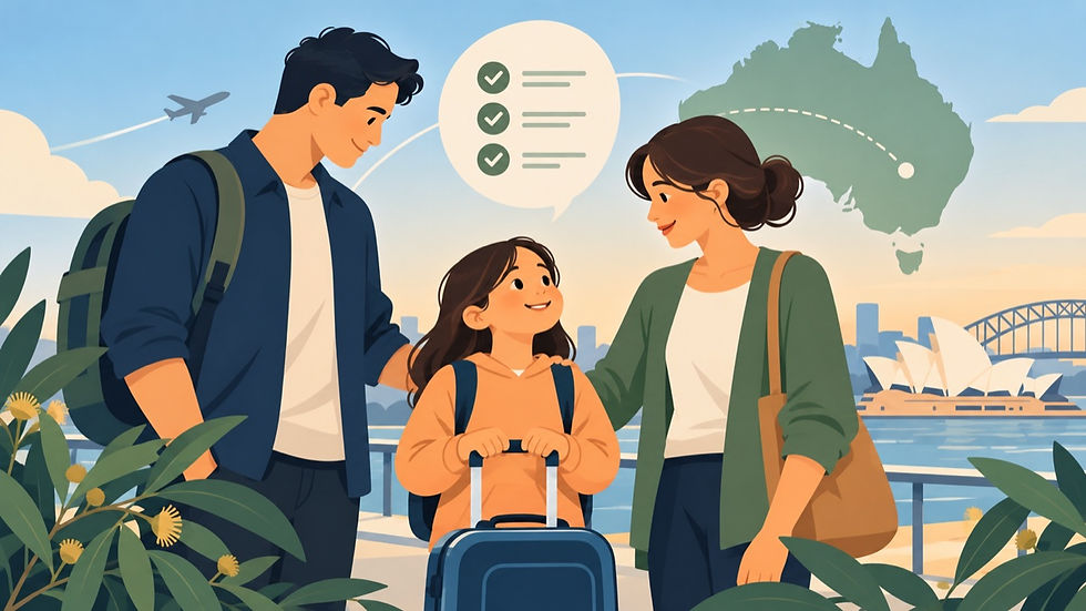 A parent and child review visitor visa consent papers at a bright kitchen table, illustrated in clean flat vector shapes.
