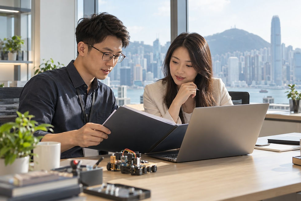 A technology researcher and colleague reviewing employment records in a Hong Kong office