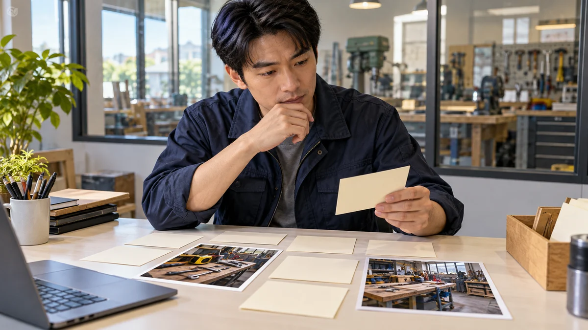 A professional in navy workwear compares blank cards and workshop photographs at a desk; AI illustration.