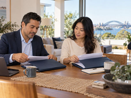 An international family arranging separate unmarked document folders at a sunny home dining table while a school age child packs a school bag nearby in Australia