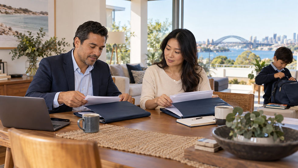 An international family arranging separate unmarked document folders at a sunny home dining table while a school age child packs a school bag nearby in Australia