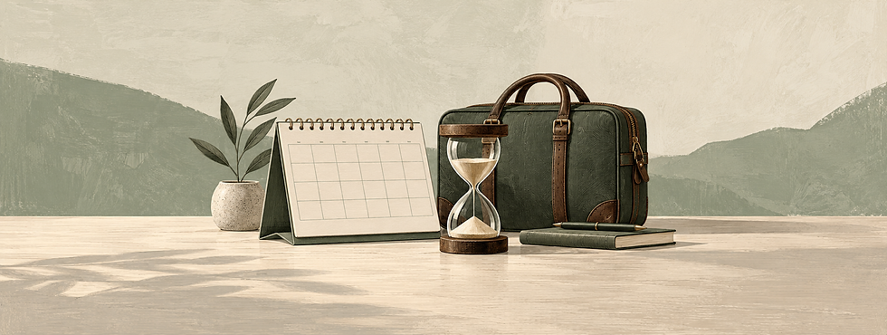 Editorial illustration of a blank calendar, hourglass and travel briefcase representing O-1 validity and travel dates.
