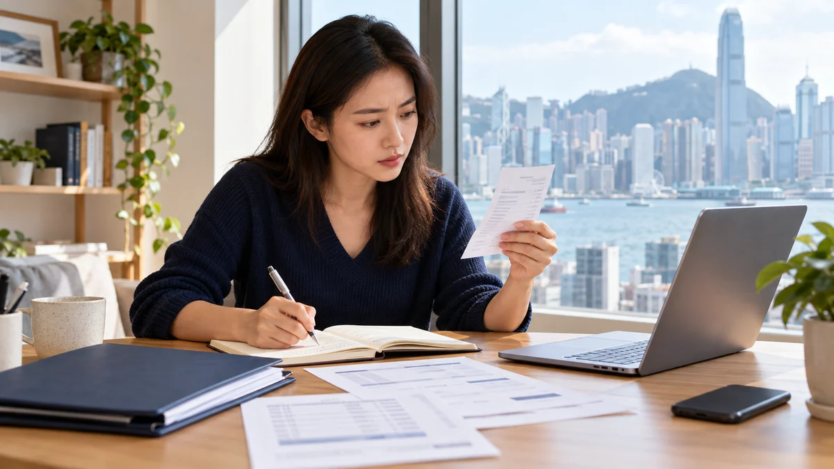 A woman checks an abstract receipt while writing notes beside a laptop and navy folder, with Hong Kong harbour beyond; AI illustration.