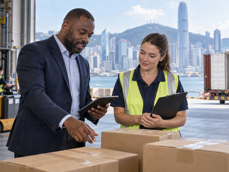 An entrepreneur and a warehouse supervisor checking a small shipment of unbranded boxes in a working logistics facility in Hong Kong