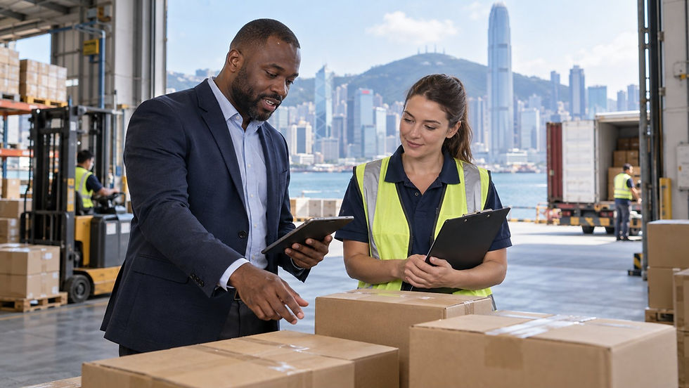 An entrepreneur and a warehouse supervisor checking a small shipment of unbranded boxes in a working logistics facility in Hong Kong