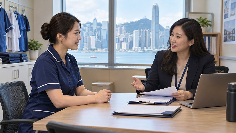 A qualified healthcare professional meeting a hospital recruitment manager in a quiet staff room with folded work attire and no patients in Hong Kong