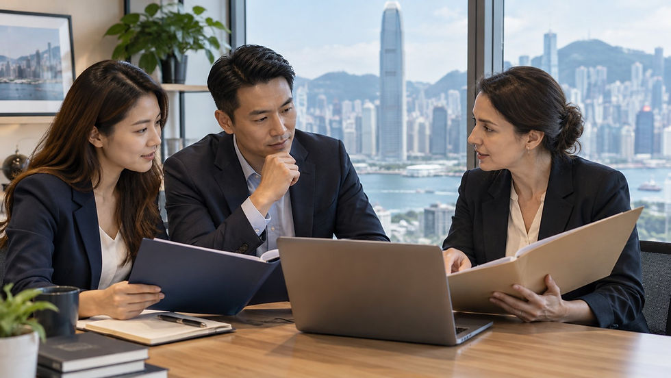 Two human resources colleagues comparing an employee chronology with a specialist using separate unmarked folders and an unreadable laptop in Hong Kong