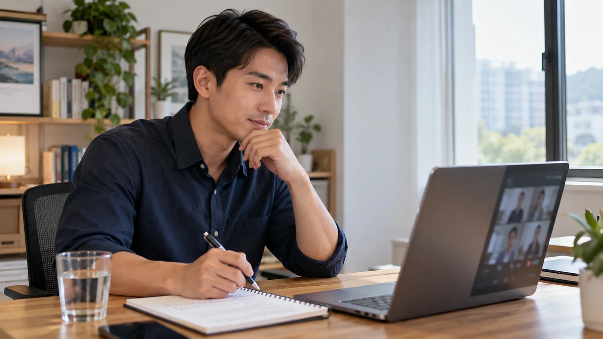 A professional listening to an online interview beside a laptop and notebook in natural light; AI illustration.
