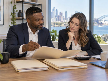 An investor and a financial professional reviewing several separate unmarked asset folders with a calculator in a calm office in Australia
