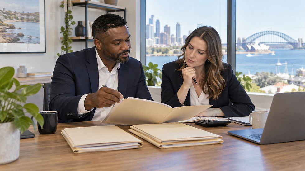 An investor and a financial professional reviewing several separate unmarked asset folders with a calculator in a calm office in Australia