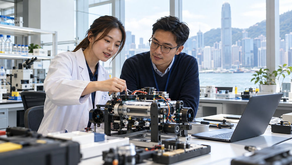 A researcher and an industry colleague examining a practical scientific prototype in a bright university laboratory in Hong Kong