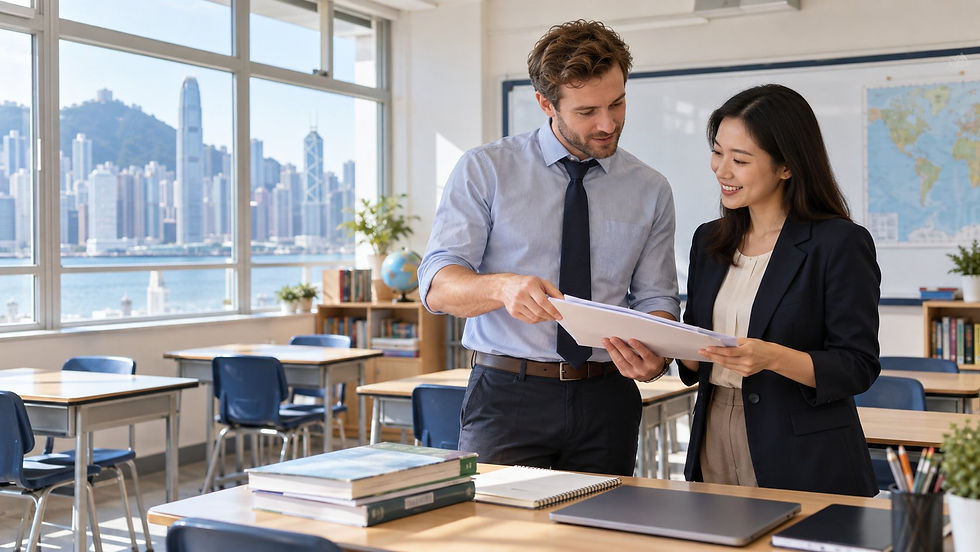 An international teacher or trainer reviewing teaching materials with an employer in a bright empty classroom in Hong Kong
