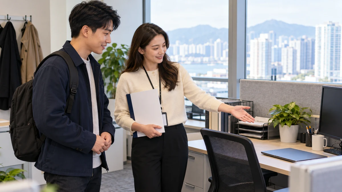 A new colleague carrying a backpack is welcomed beside a workstation by an office coordinator holding a plain folder; AI illustration.