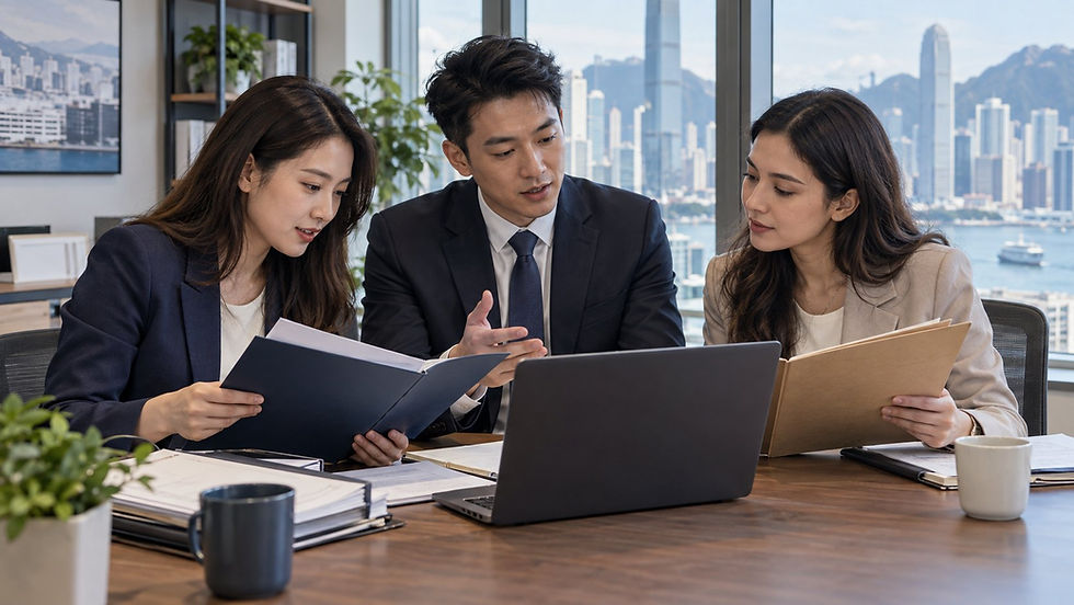 Two human resources colleagues comparing an employee chronology with a specialist using separate unmarked folders and an unreadable laptop in Hong Kong