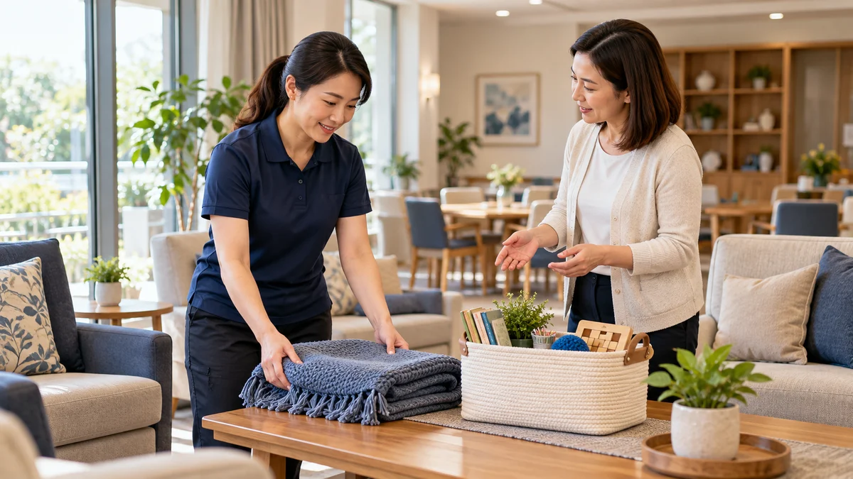 A care-support worker arranges a blanket and activity basket in a bright communal lounge with a colleague; AI illustration, no residents.