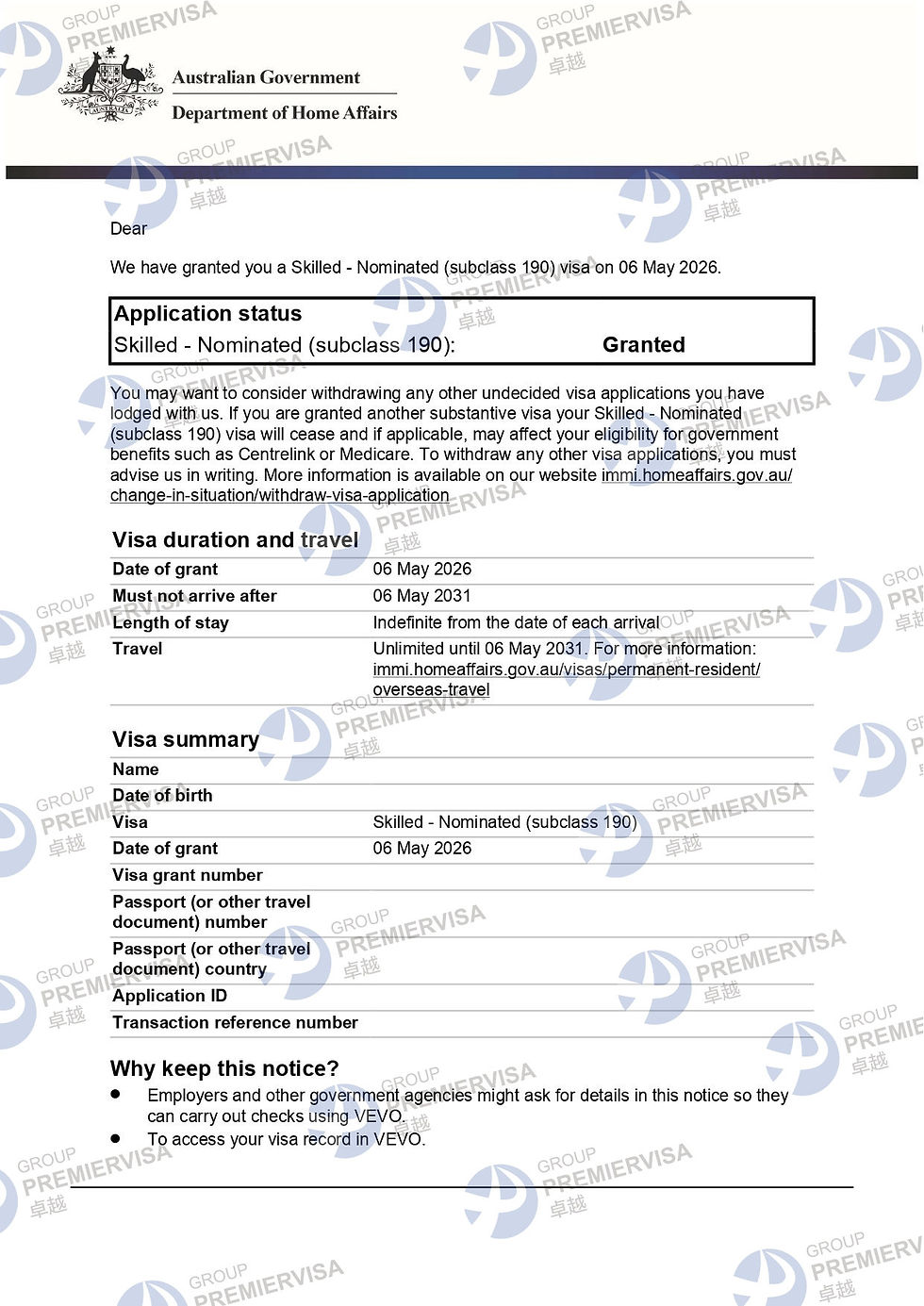 PremierVisa Group | Subclass 190 Skilled Nominated Visa Granted | 6 May 2026 | PV-AU-0051